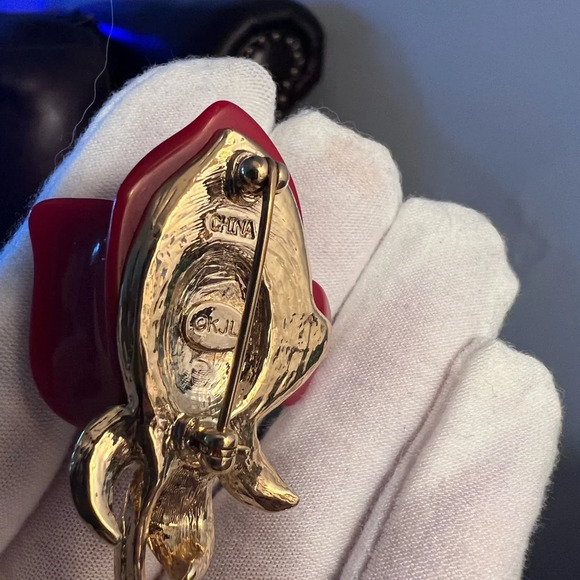 Kenneth Jay Lane Vintage Red Rose Brooch with Crystal Accents - Picture 4 of 4